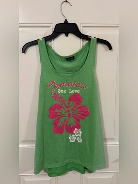 Green 'Jamaica One Love' Tank Top with Pink Hibiscus